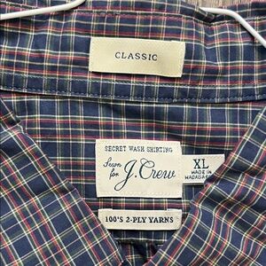 J. Crew Navy Plaid Button-Up Shirt with Green & Red Accents